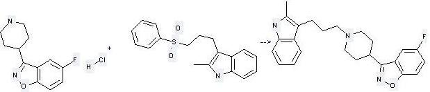 1,2-Benzisoxazole,5-fluoro-3-(4-piperidinyl)-, hydrochloride (1:1) can be used to produce 3-{3-[4-(5-fluoro-1,2-benzisoxazol-3-yl)-1-piperidinyl]propyl}-2-methylindole at the temperature of 90 °C
