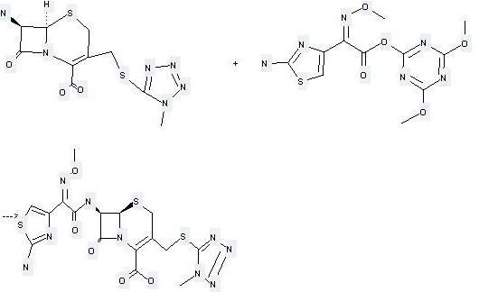 Cefmenoxime can be prepared by (6R)-7t-amino-3-(1-methyl-1H-tetrazol-5-ylsulfanylmethyl)-8-oxo-(6rH)-5-thia-1-aza-bicyclo[4.2.0]oct-2-ene-2-carboxylic acid and (2-amino-thiazol-4-yl)-methoxyimino-acetic acid 4,6-dimethoxy-[1,3,5]triazin-2-yl ester at the temperature of 0 °C