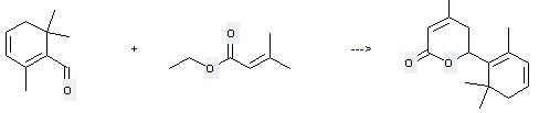 1,3-Cyclohexadiene-1-carboxaldehyde,2,6,6-trimethyl- can be used to produce 4-methyl-6-(2,6,6-trimethyl-cyclohexa-1,3-dienyl)-5,6-dihydro-pyran-2-one.